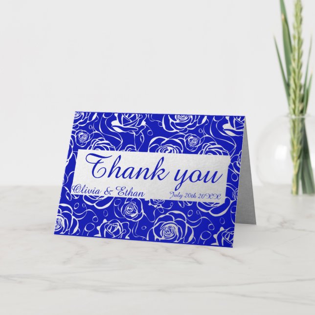 Classy Silver Roses on Royal Blue Thank You Card (Front)