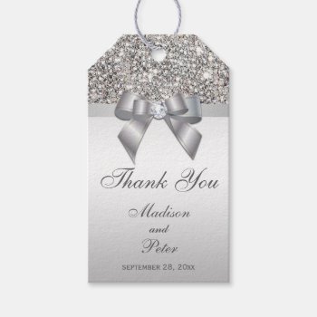 Classy Silver Sequins Bow Thank You Gift Tags by AJ_Graphics at Zazzle
