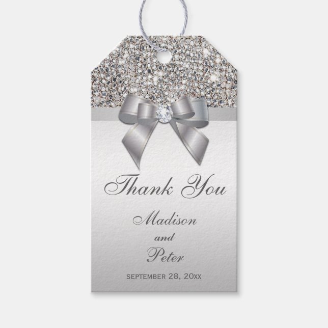 Classy Silver Sequins Bow Thank You Gift Tags (Front)