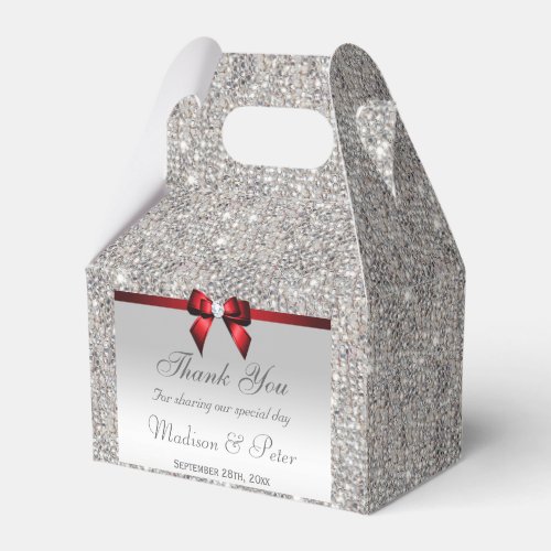 Classy Silver Sequins Red Diamond Bow Favor Boxes