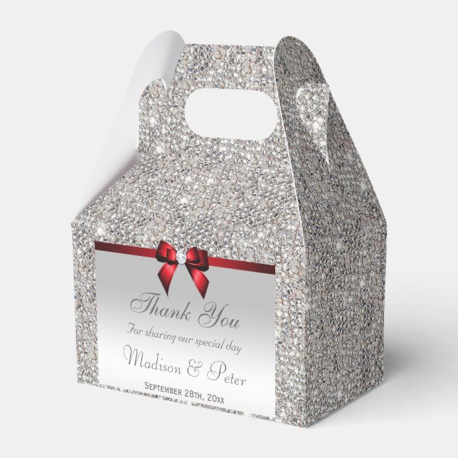 Classy Silver Sequins Red Diamond Bow Favor Boxes (Front Side)