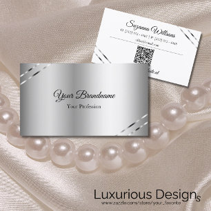 Classy Silver with Shimmery Lines and QR Code Business Card