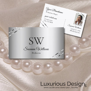 Classy Silver with Shimmery Lines Monogram Photo Business Card