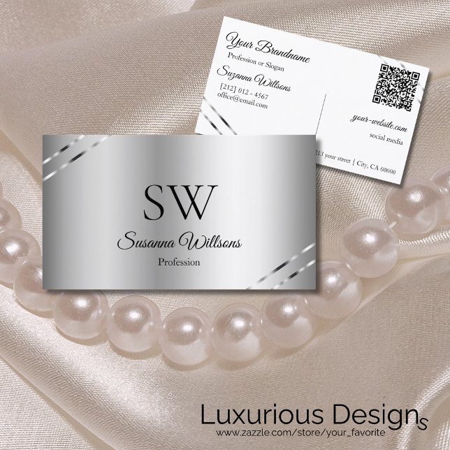 Classy Silver with Shimmery Lines Monogram QR Code Business Card (Creator Uploaded)