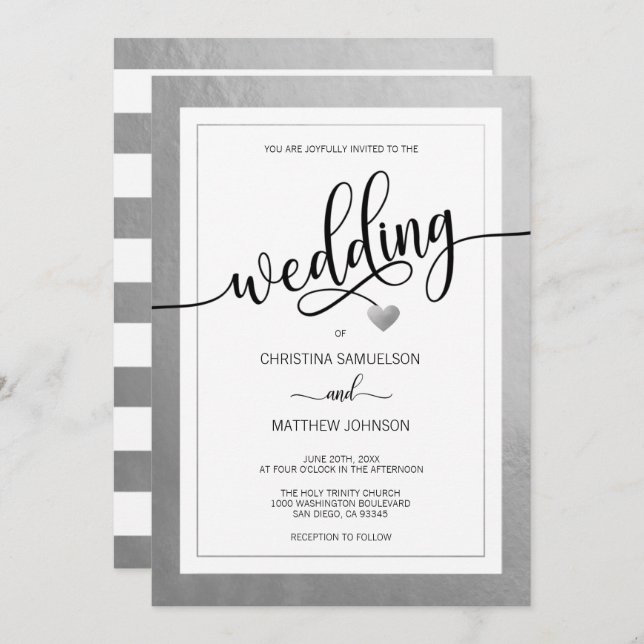 Classy Simple Black & White Heart Silver Wedding Invitation (Front/Back)