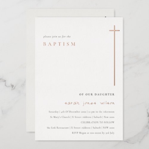 Classy Simple Elegant Minimal Typography Baptism Foil Invitation