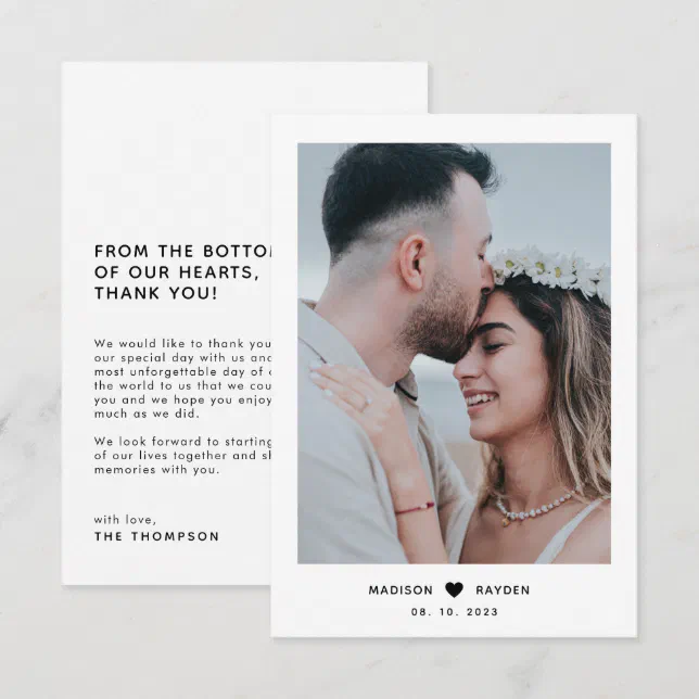 Classy Simple Photo Script with Heart Wedding Thank You Card | Zazzle