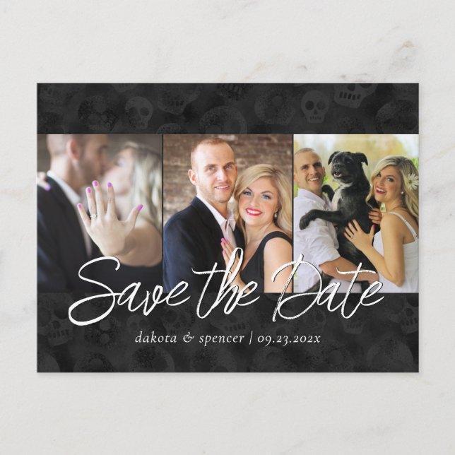 Classy Skulls | Halloween 3 Photo Save the Date Announcement Postcard (Front)