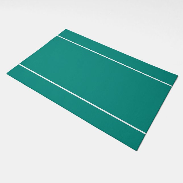 Classy  Slender White Edge Stripes On Teal Blue Doormat (Angled)