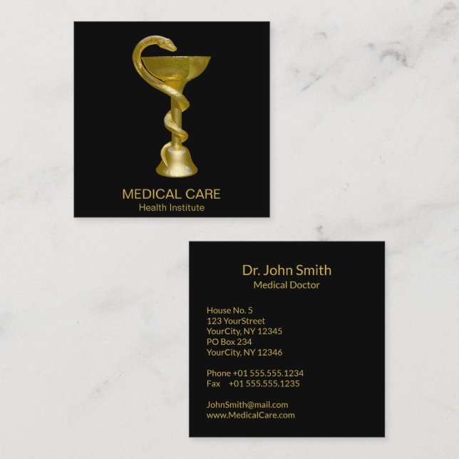 Classy Snake Bowl Hygieia Medical Gold Caduceus Square Business Card (Front/Back)