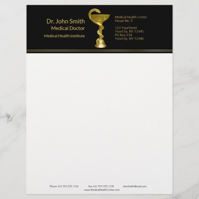 Classy Snake Bowl Medical Hygieia Gold Caduceus Letterhead (Front)