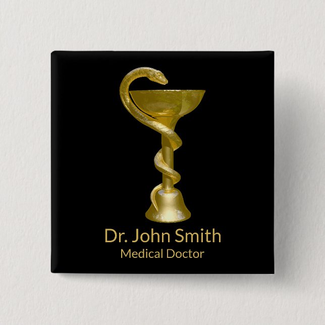 Classy Snake Medical Bowl Hygieia Gold Caduceus Button (Front)