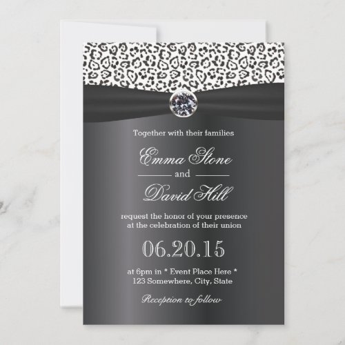 Classy Snow Leopard Print Black Ribbon Wedding 5x7 Paper Invitation Card