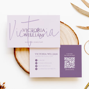 Classy Soft Lavender Script QR Code Business Card