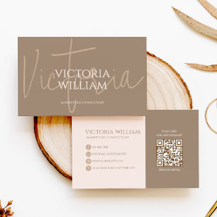 Classy Soft Neutral Beige Script QR Code Business Card