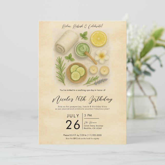 Classy Spa Pampering Beauty Day Birthday Party Invitation (Standing Front)