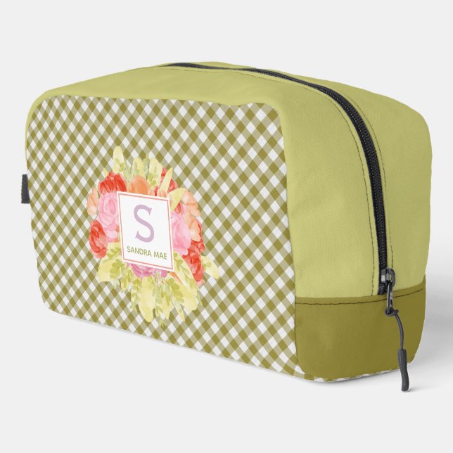 Classy Spring Fern Green Gingham Check Pattern Dopp Kit (Right Corner)
