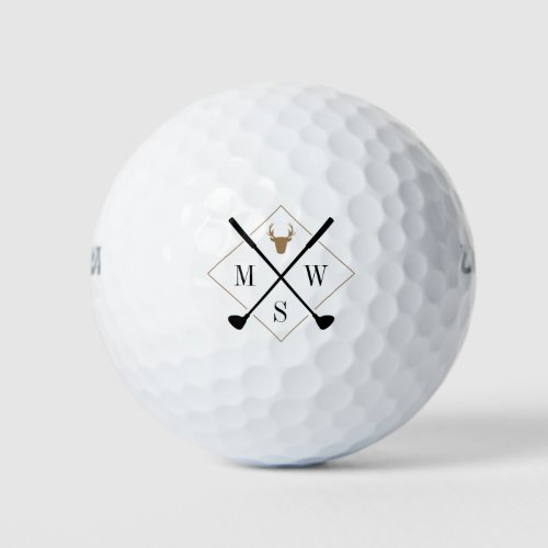 Classy Stag Head Crossed Clubs Monogram Golf Balls
