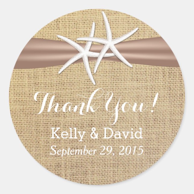 Classy Starfish & Burlap Wedding Favor Stickers (Front)