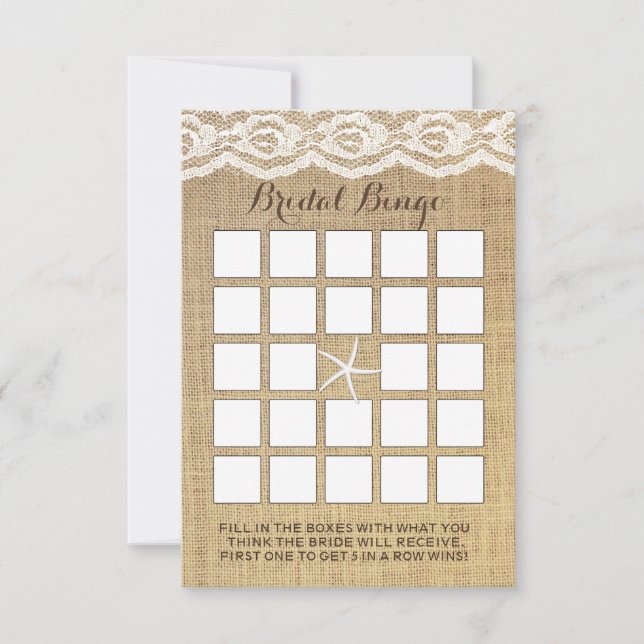 Classy Starfish Lace & Burlap Bridal Bingo Cards (Front)