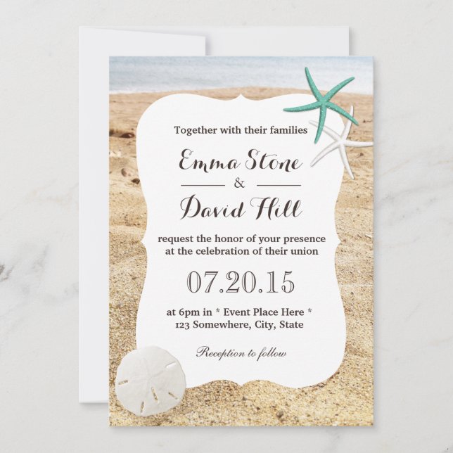 Classy Starfish & Sand Dollar Beach Wedding Invitation (Front)