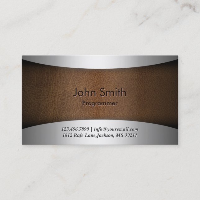 Classy Steel & Leather Programmer Business Card (Front)