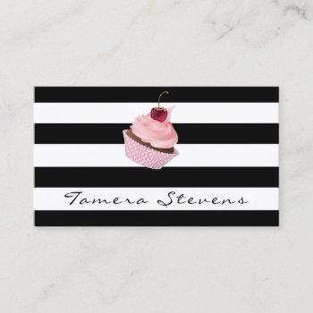 Classy Striped Cupcake Logo Business Card by TheFruityBasket at Zazzle