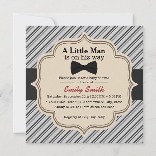 Classy Stripes Bow Tie Little Man Baby Shower 5.25x5.25 Square Paper Invitation Card