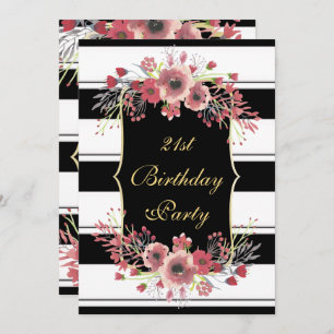 Classy Stripes Floral Watercolor 21st Birthday Invitation