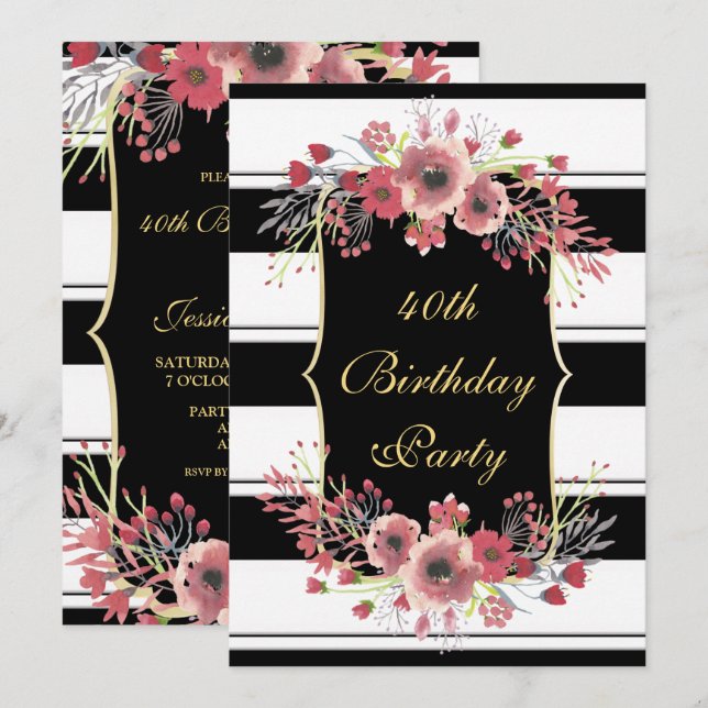 Classy Stripes Floral Watercolor 40th Birthday Invitation (Front/Back)