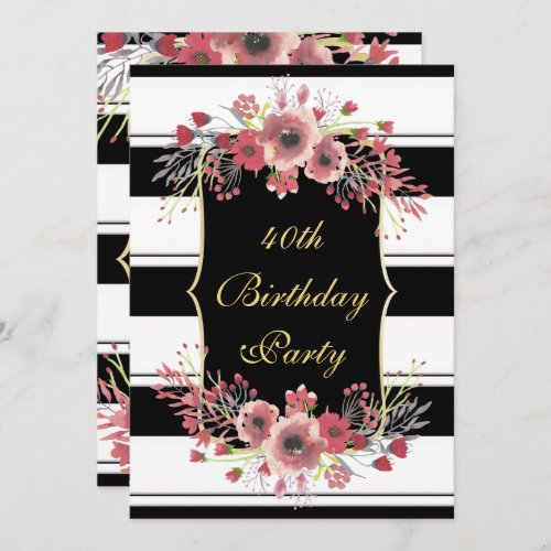 Classy Stripes Floral Watercolor 40th Birthday Invitation