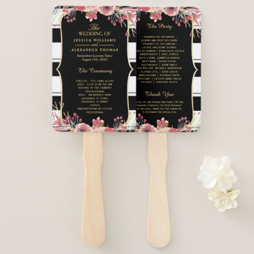 Classy Stripes Floral Watercolor Wedding Program Hand Fan