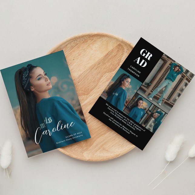 Classy Stylish Black Photo Collage Graduation Announcement (Creator Uploaded)