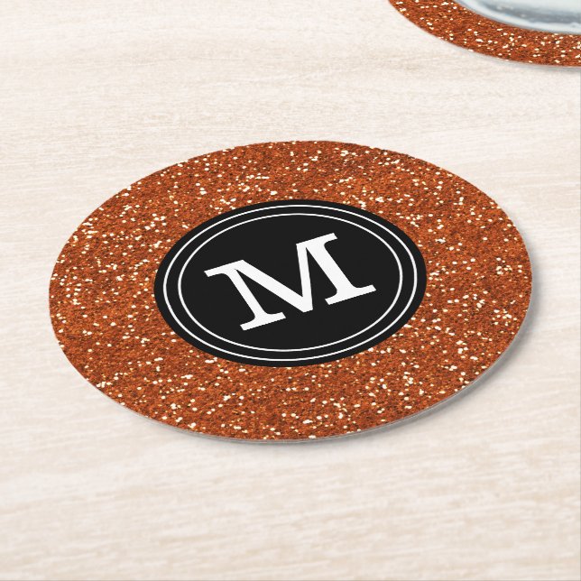 Classy Stylish Brown Glitter Custom Monogram Round Paper Coaster (Angled)