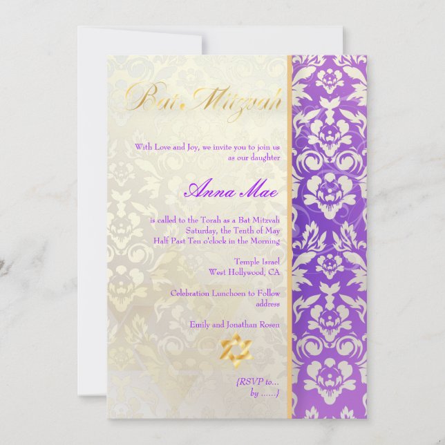 Classy + Stylish Damask Bat Mitzvah/Lavender Blue Invitation (Front)