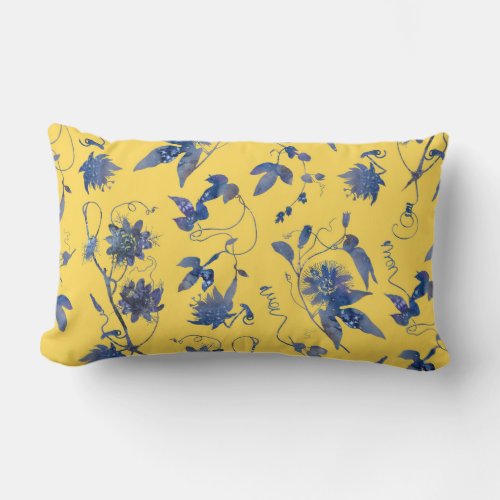 Classy Stylish Elegant Blue Passion Flowers Yellow Lumbar Pillow