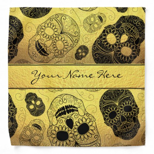 Classy Stylish Gold  Black Sugar Skulls with Name Bandana