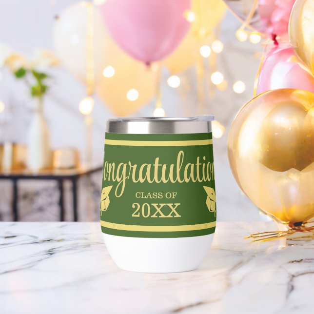 Classy Stylish Gold on Green Graduation Caps Thermal Wine Tumbler (Bachelor Party)