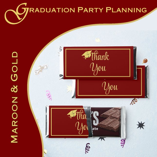 Classy Stylish Gold on Maroon Graduation Hershey Bar Favors (A maroon and gold color scheme brings elegance to your graduation party.  www.greencarbon2112.com)