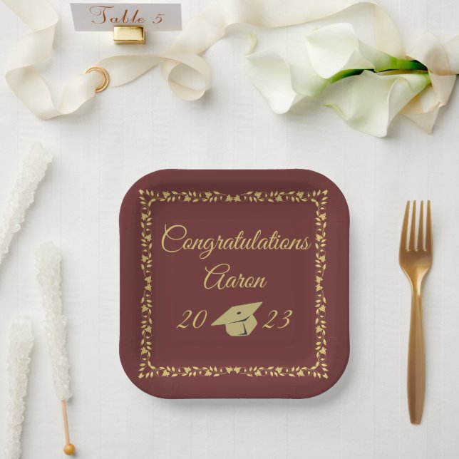 Classy Stylish Gold on Maroon Graduation Party Paper Plates (Wedding)