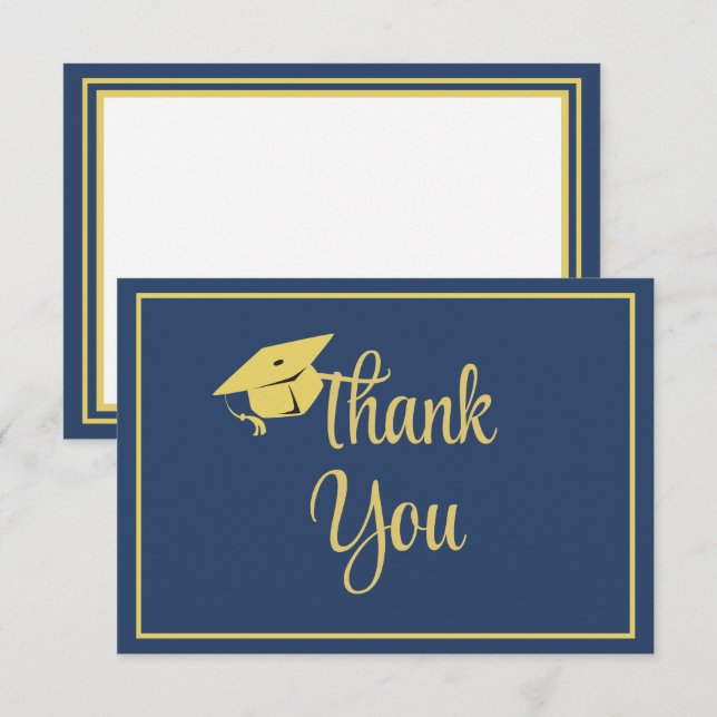 Classy Stylish Gold on Navy Blue Graduation Thank You Card (Front/Back)