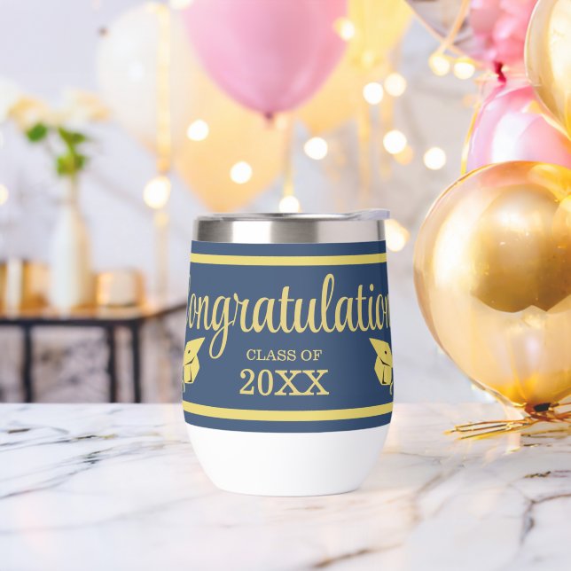 Classy Stylish Gold on Navy Graduation Caps Thermal Wine Tumbler (Bachelor Party)