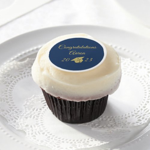 Classy Stylish Gold on Navy Graduation Party Edible Frosting Rounds