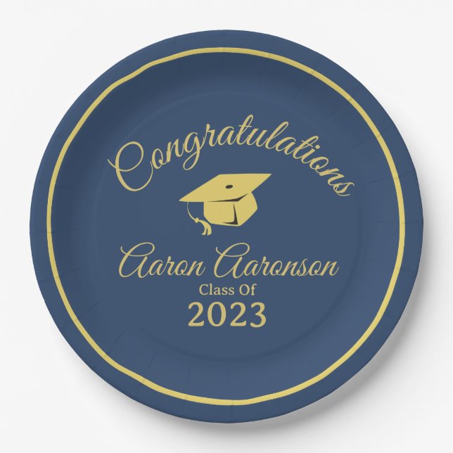 Classy Stylish Gold on Navy Graduation Personalize Paper Plates (Front)