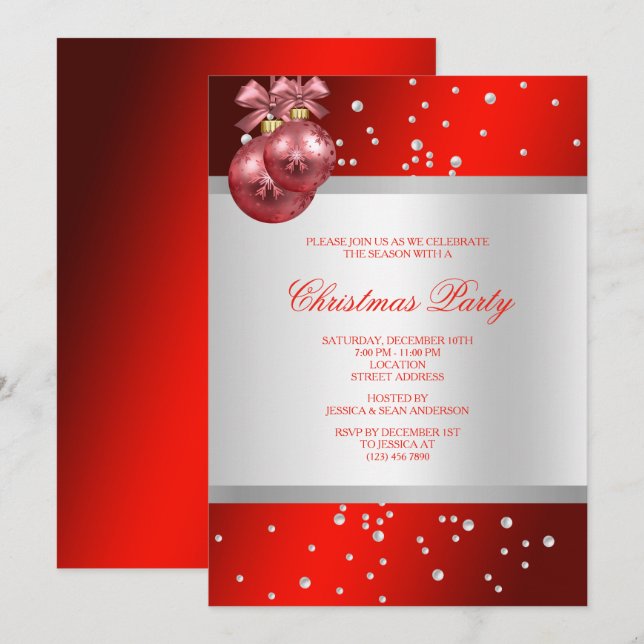 Classy Stylish red Baubles & Pearls Christmas Invitation (Front/Back)