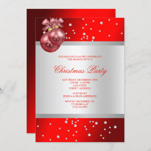 Classy Stylish red Baubles & Pearls Christmas Invitation