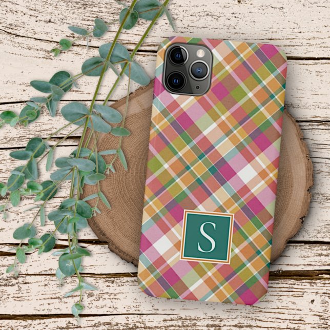 Classy Summer Orange Pink Teal Green Plaid Pattern iPhone Case (Creator Uploaded)