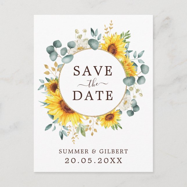 Classy Summer Sunflower Greenery Save the Date Announcement Postcard (Front)