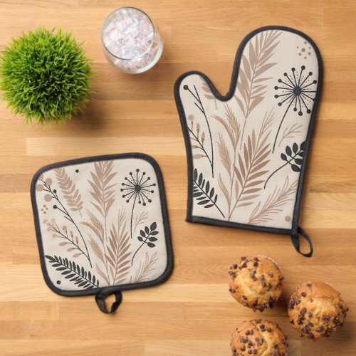 Classy Swedish Country Cottage Floral Art Pattern Oven Mitt  Pot Holder Set