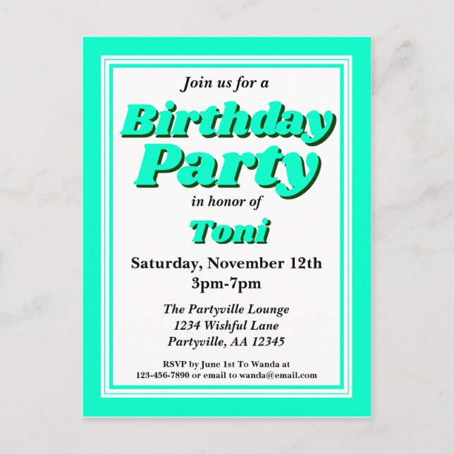 Classy Teal Adult Birthday Party Invitation Postcard (Front)